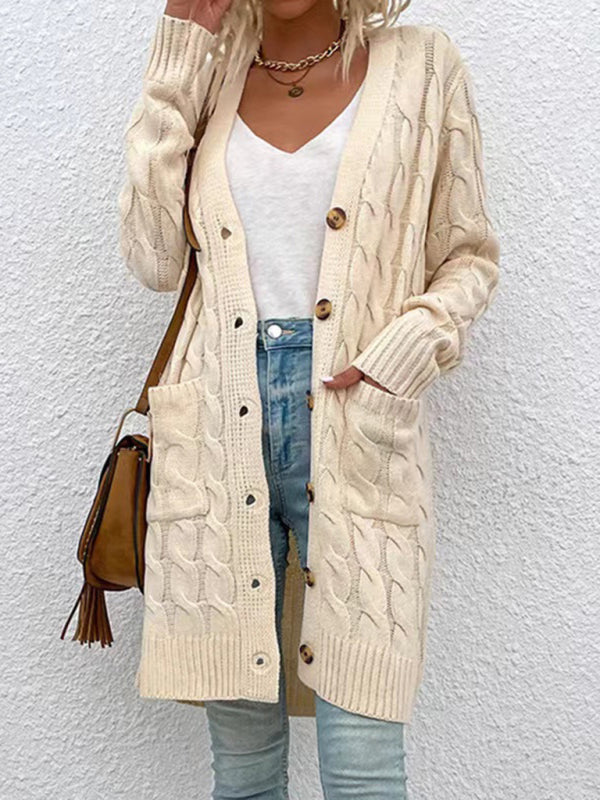 Women’s V-Neck Button-Up Long Cardigan with Pockets