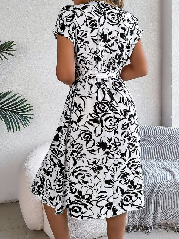 Women’s V-Neck Short Sleeve Floral Midi Dress with Waist Tie