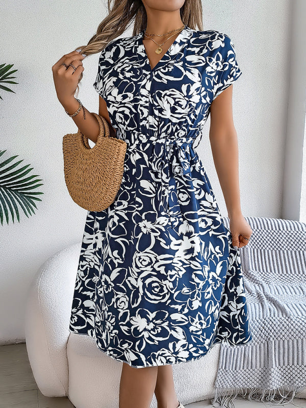 Women’s V-Neck Short Sleeve Floral Midi Dress with Waist Tie