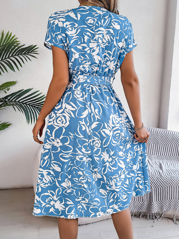 Women’s V-Neck Short Sleeve Floral Midi Dress with Waist Tie