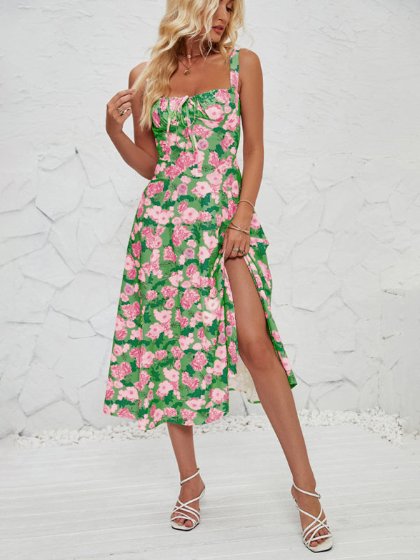 Women's Sleeveless Floral Summer Midi Dress with Leg Slit