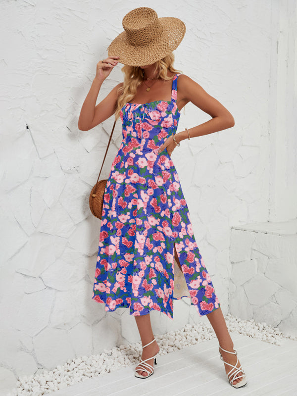 Women's Sleeveless Floral Summer Midi Dress with Leg Slit