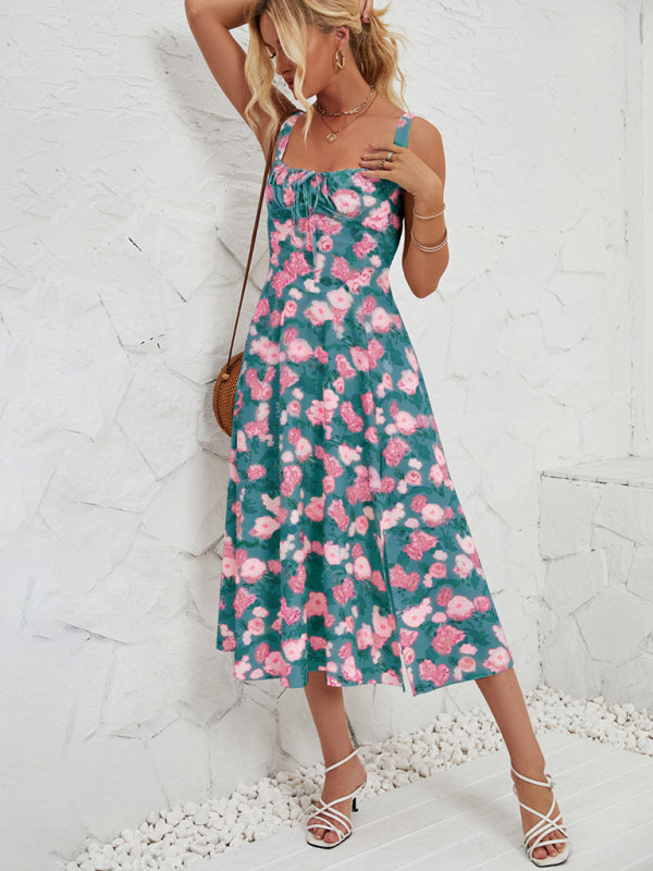 Women's Sleeveless Floral Summer Midi Dress with Leg Slit