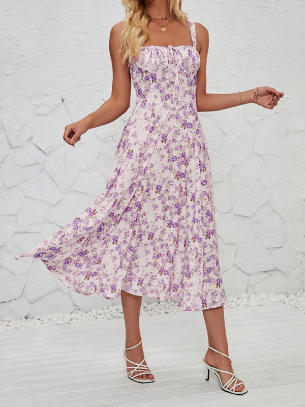 Women's Sleeveless Floral Summer Midi Dress with Leg Slit