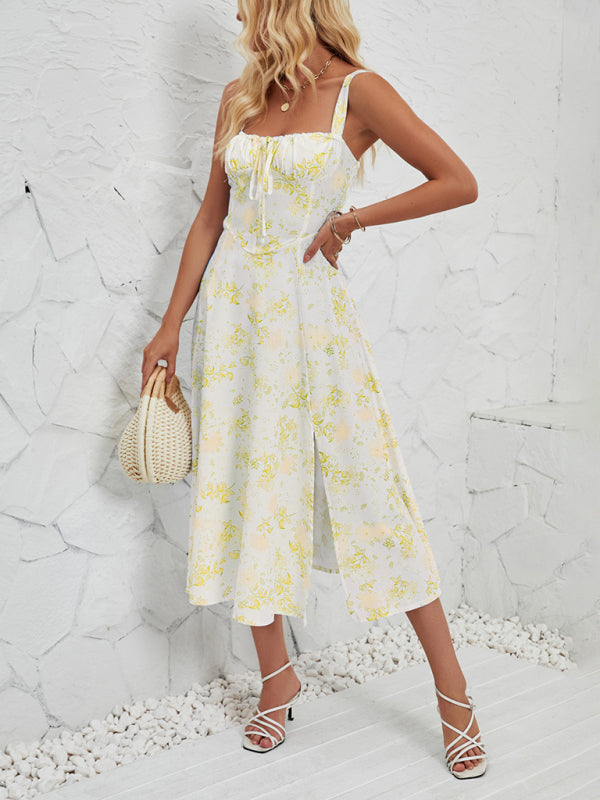 Women's Sleeveless Floral Summer Midi Dress with Leg Slit