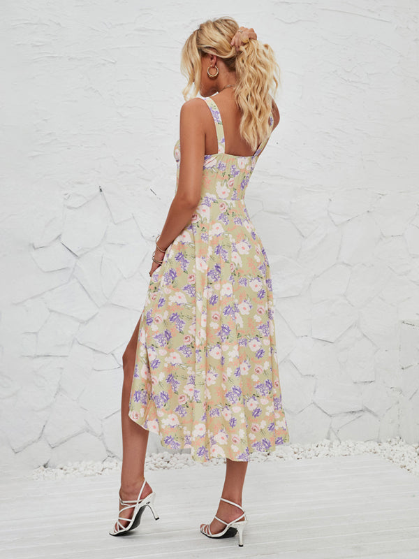 Women's Sleeveless Floral Summer Midi Dress with Leg Slit