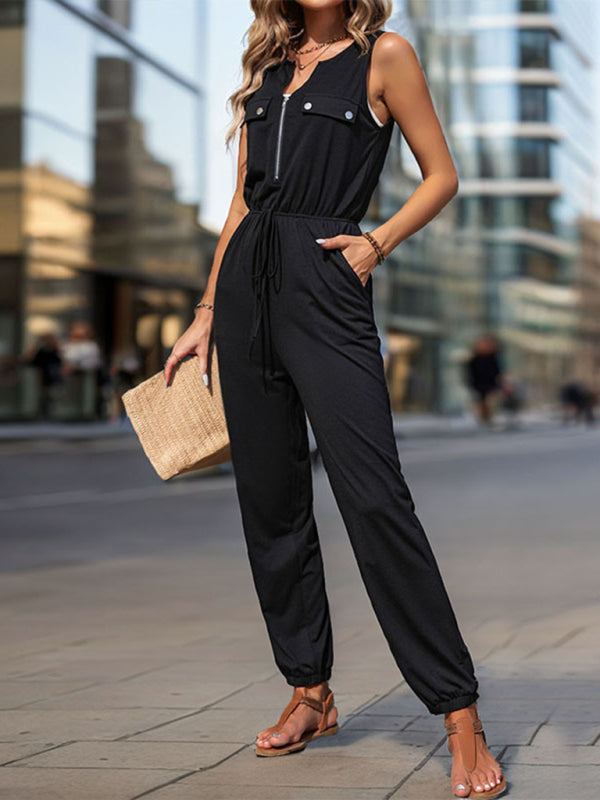 Women's Black Sleeveless Cuffed Leg Jumpsuit with Pockets and Drawstring
