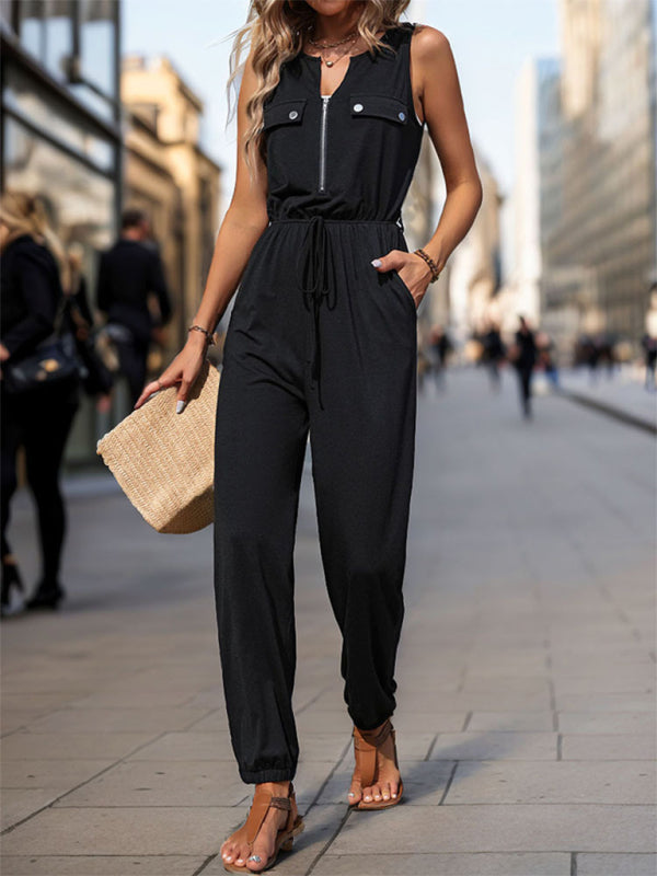 Women's Black Sleeveless Cuffed Leg Jumpsuit with Pockets and Drawstring