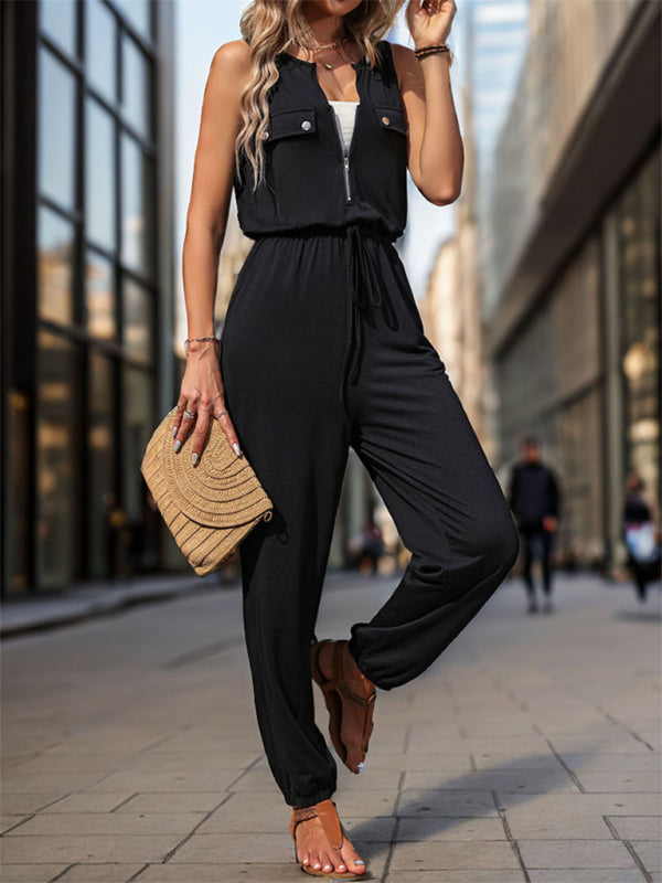 Women's Black Sleeveless Cuffed Leg Jumpsuit with Pockets and Drawstring