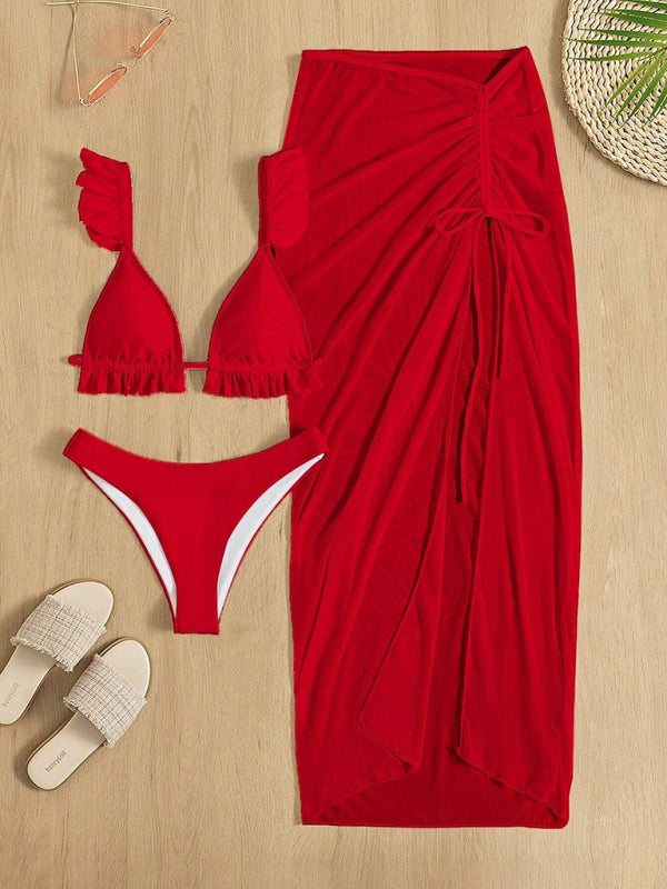 Women’s Ruffled Bikini with Matching Cover Up Skirt Three Piece Set