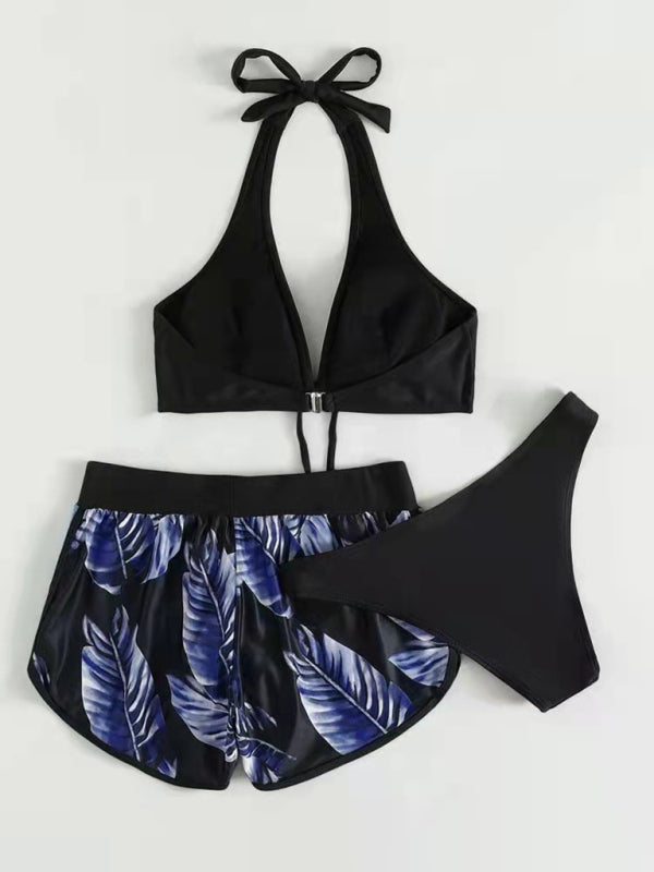 Women’s Tropical Print Halter Neck Bikini Three Piece Set