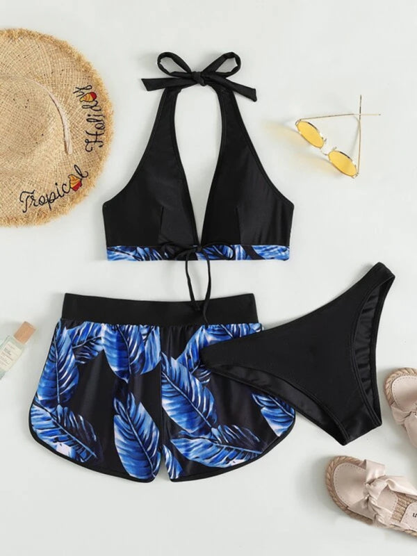 Women’s Tropical Print Halter Neck Bikini Three Piece Set