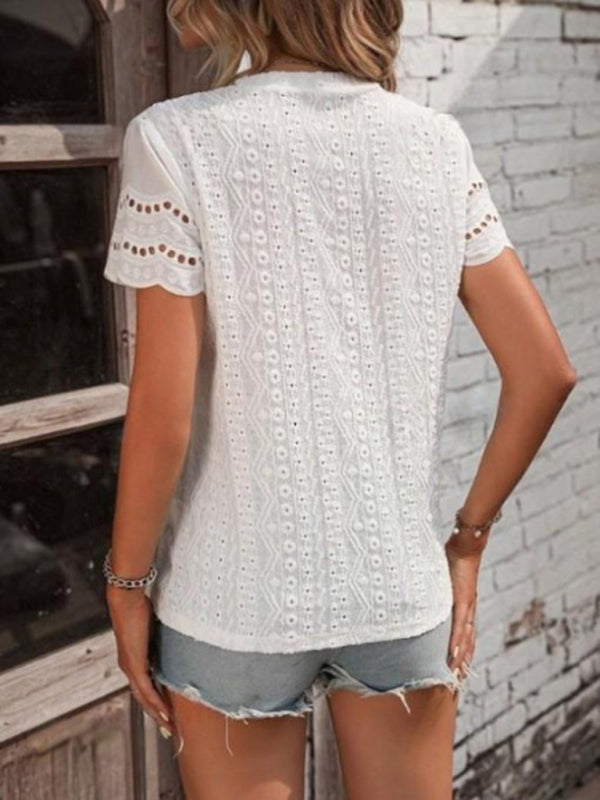 Women’s Eyelet Short Sleeve Top with Lace Trim