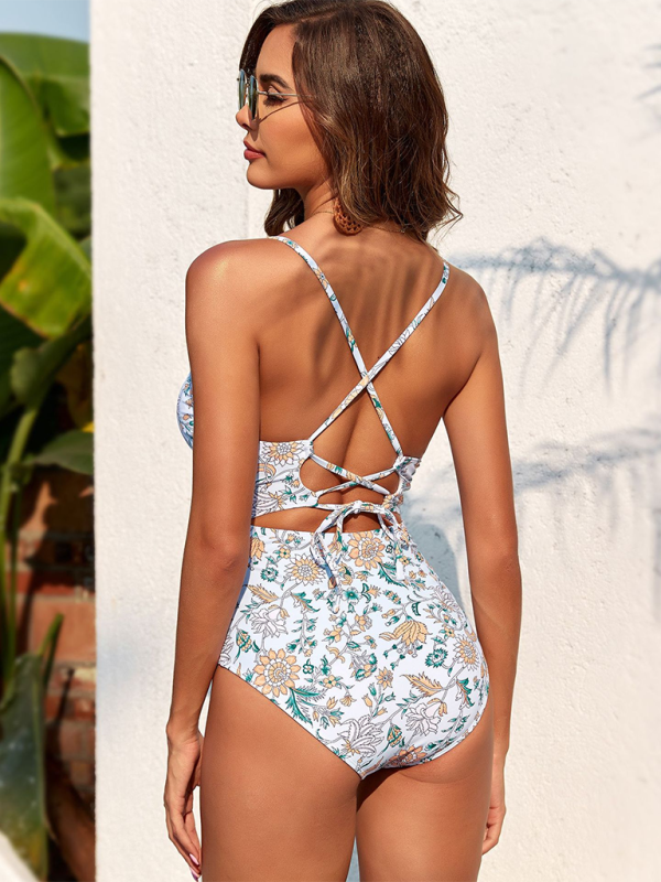 Women’s Boho One Piece Swimsuit with Back Tie