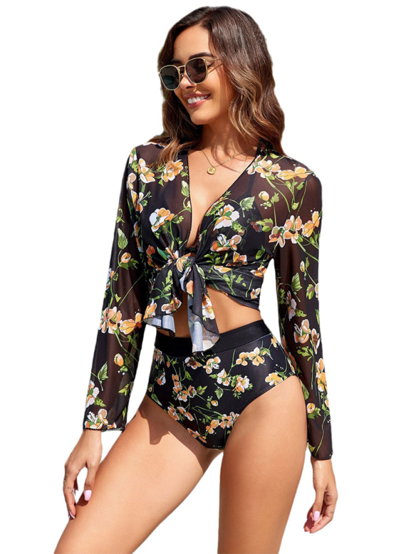 Women’s Tropical Print High Waist Bikini with Kimono Three-Piece Set