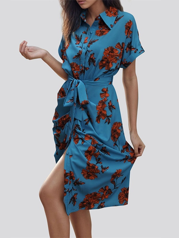 Women's Floral Short Sleeve Button Midi Dress with Lapel and Waist Tie