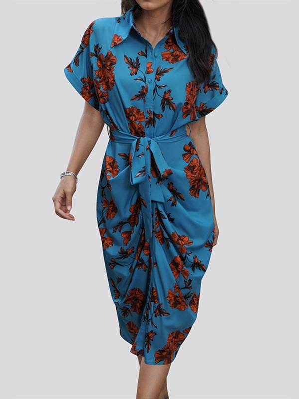 Women's Floral Short Sleeve Button Midi Dress with Lapel and Waist Tie