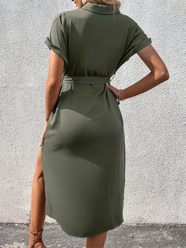 Women’s Button Short Sleeve Midi Dress with Waist Tie