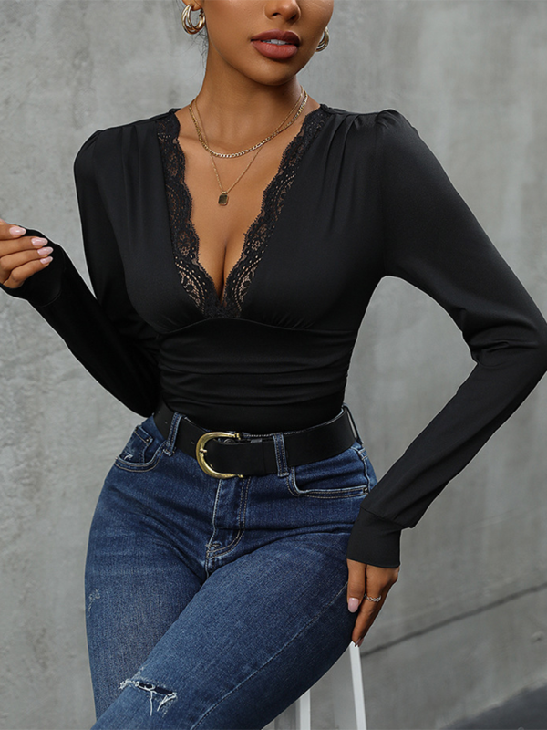 Women’s Elegant V-Neck Long Sleeve Bodysuit with Lace Trim