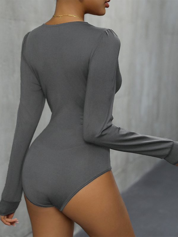 Women’s Elegant V-Neck Long Sleeve Bodysuit with Lace Trim