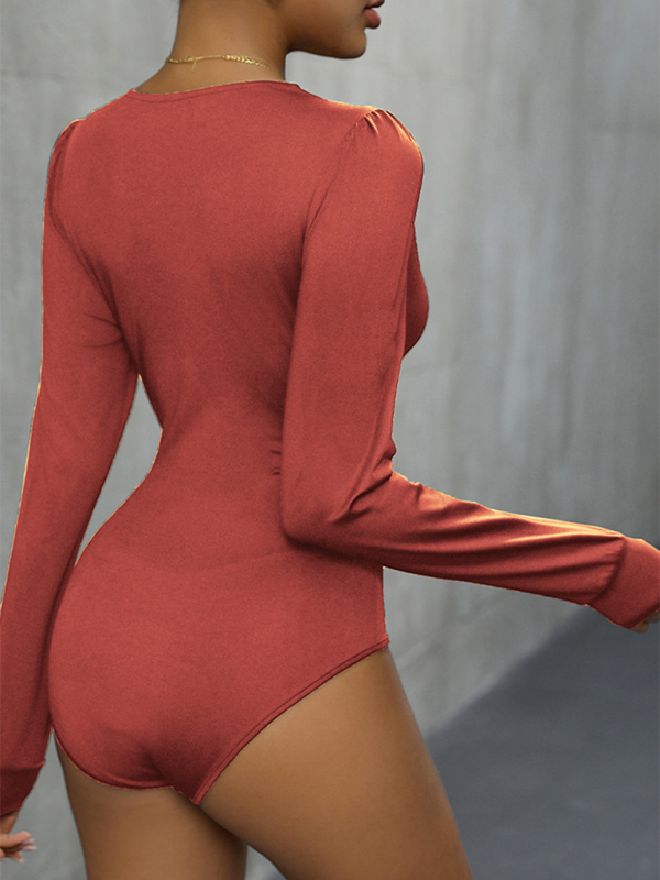 Women’s Elegant V-Neck Long Sleeve Bodysuit with Lace Trim
