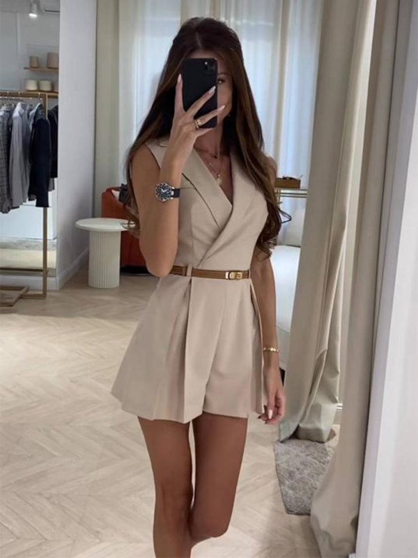 Women’s Sleeveless V-Neck Pleated Romper with Lapel