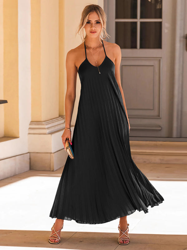 Women’s Elegant Open Back Sleeveless Pleated Maxi Dress