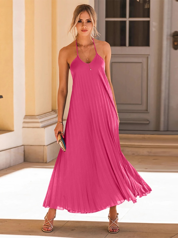 Women’s Elegant Open Back Sleeveless Pleated Maxi Dress