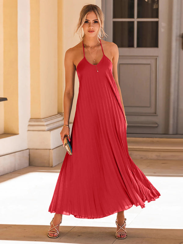 Women’s Elegant Open Back Sleeveless Pleated Maxi Dress