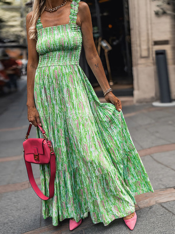 Women's Sleeveless Printed Maxi Dress with Shoulder Straps