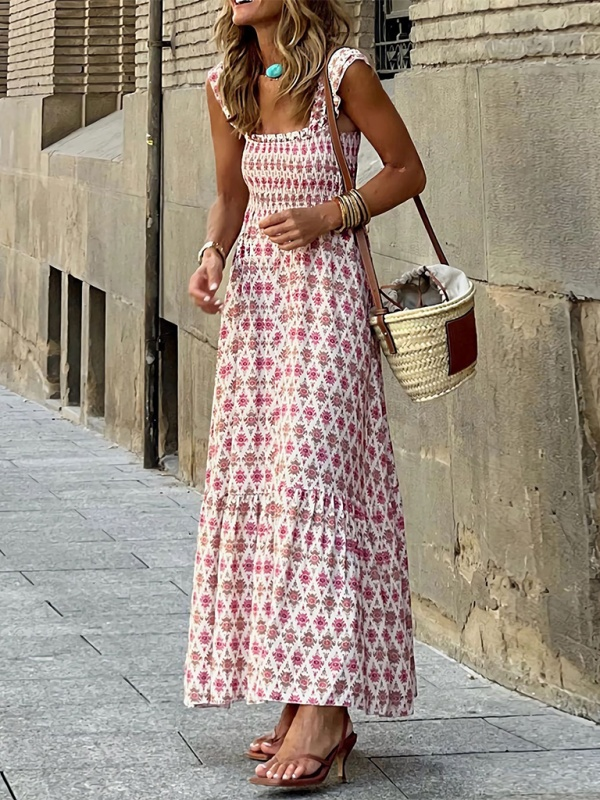 Women's Sleeveless Printed Maxi Dress with Shoulder Straps