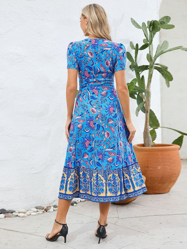 Women’s Short Sleeve V-Neck High Waist Bohemian Dress