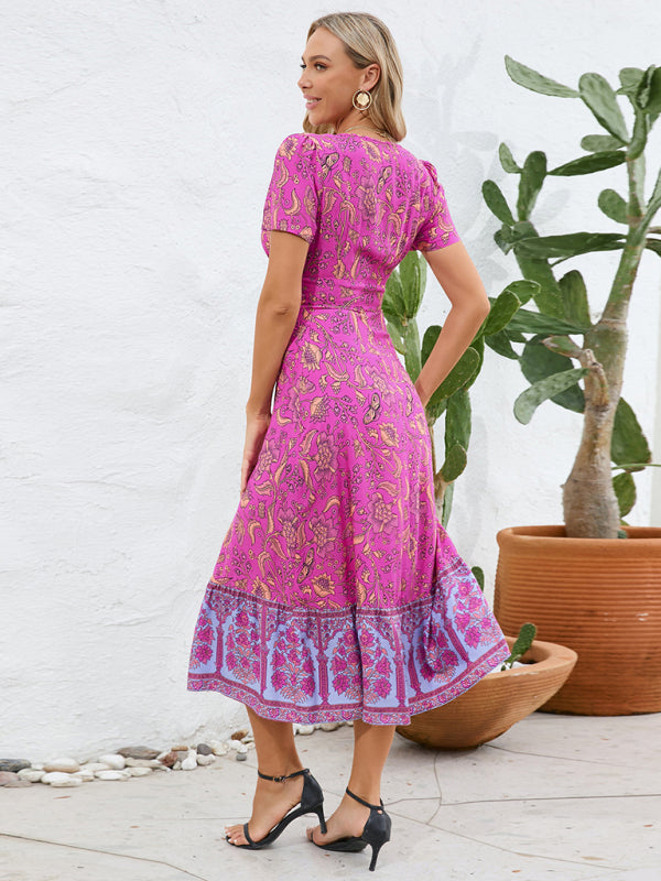 Women’s Short Sleeve V-Neck High Waist Bohemian Dress