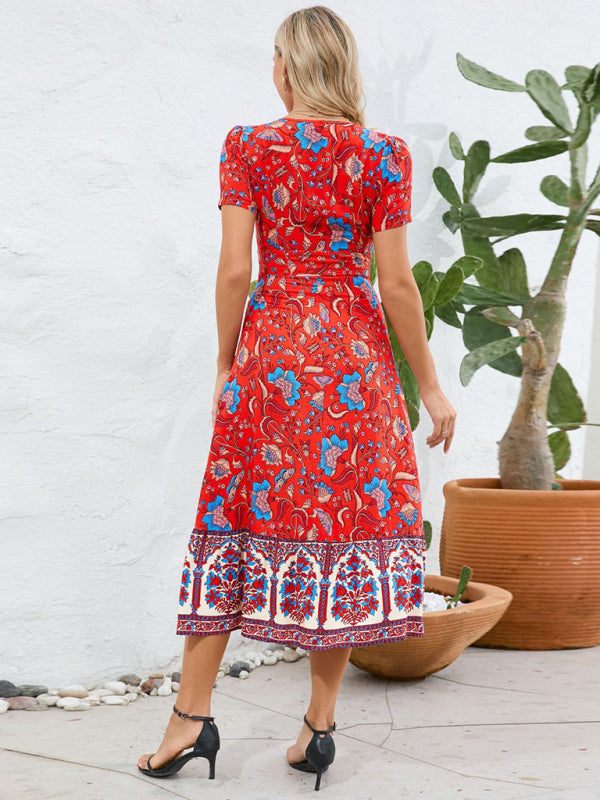 Women’s Short Sleeve V-Neck High Waist Bohemian Dress