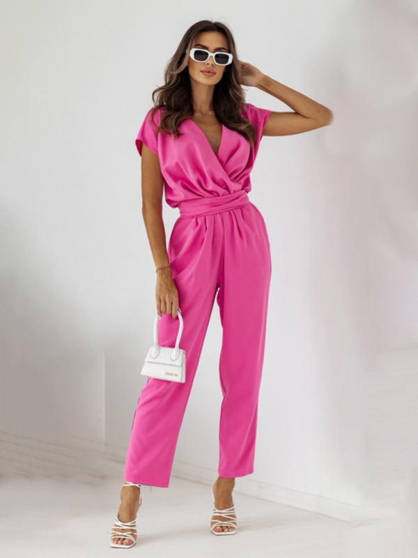 Women’s Elegant V-Neck Short Sleeve Jumpsuit with Pockets