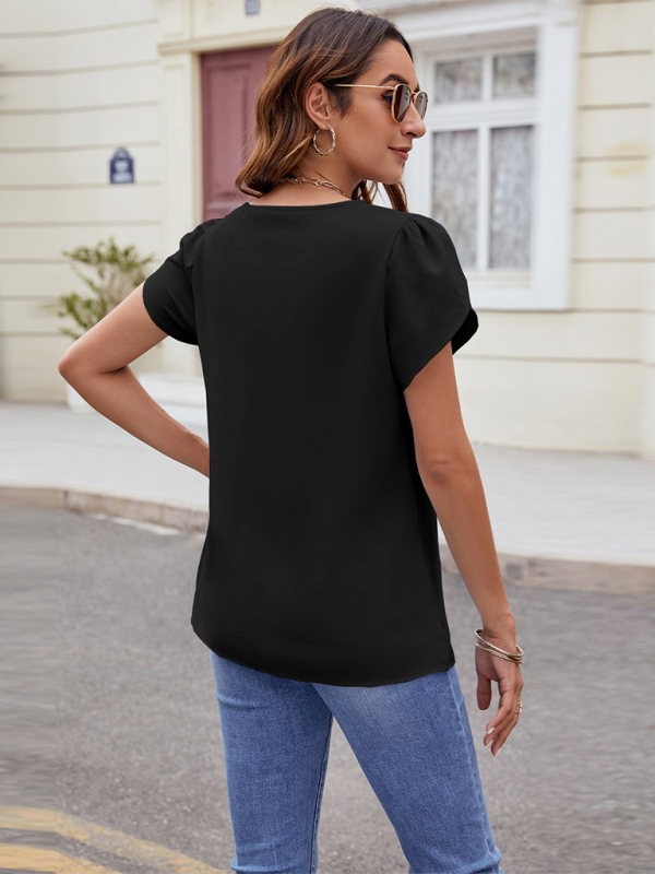 Women’s Chiffon V-Neck Short Sleeve Blouse with Pearl Buttons