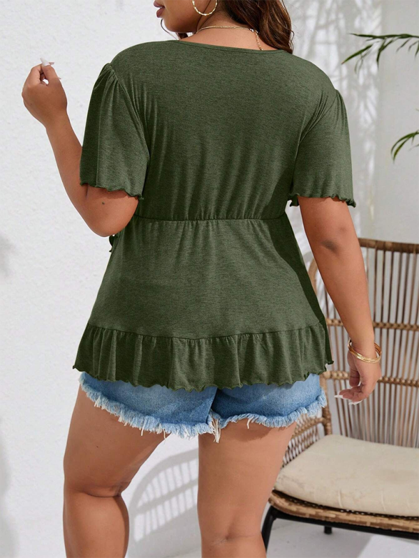 Women's Plus Size V-Neck Ruffled Babydoll Short Sleeve Top