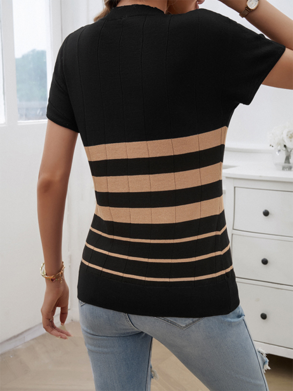 Women's Striped Round Neck Short Sleeve Sweater