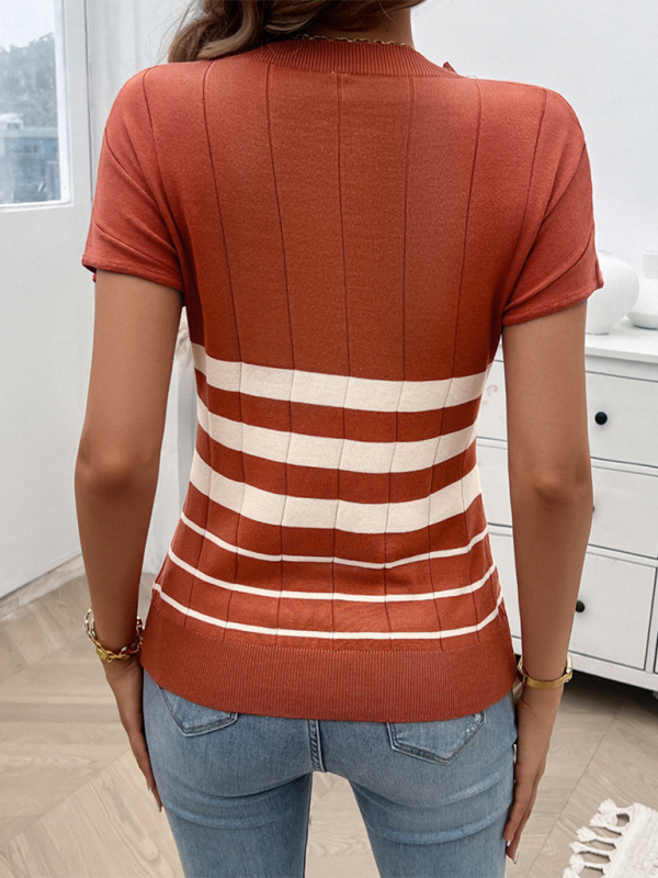 Women's Striped Round Neck Short Sleeve Sweater