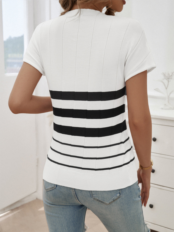 Women's Striped Round Neck Short Sleeve Sweater