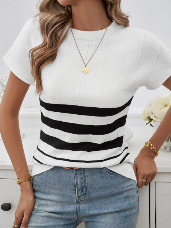 Women's Striped Round Neck Short Sleeve Sweater