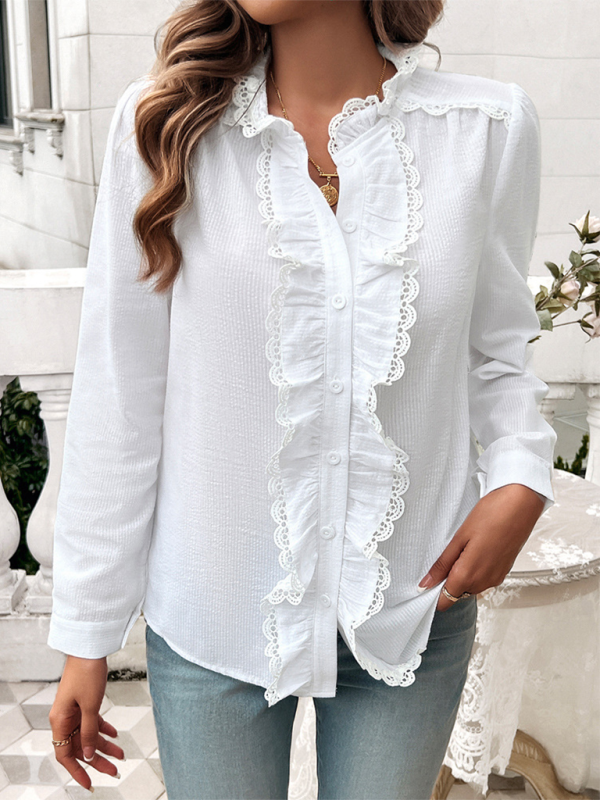 Women's Striped Long Sleeve Blouse with Ruffles and Lace Trim