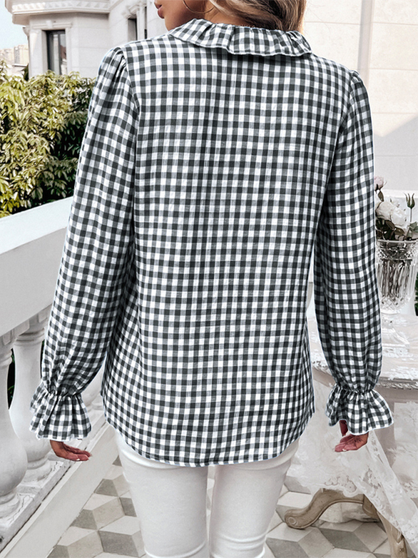 Women's Checkered Button-Up Ruffled Long Sleeve Blouse