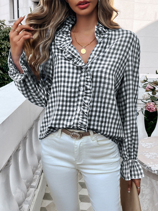 Women's Checkered Button-Up Ruffled Long Sleeve Blouse