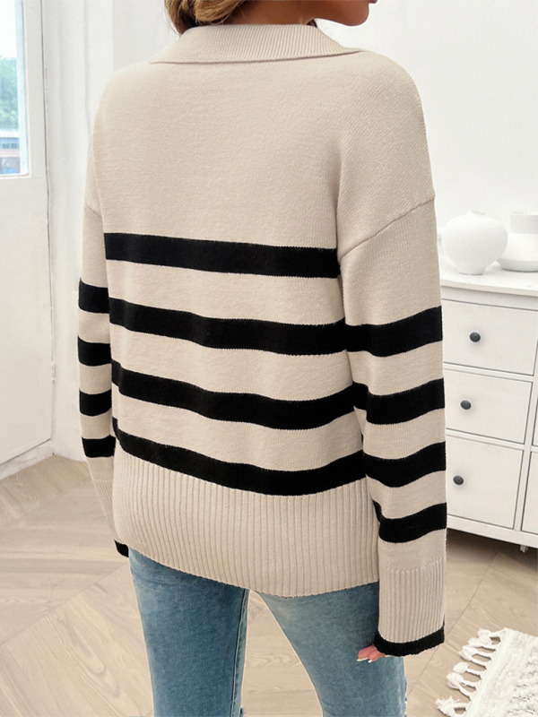 Women's V-Neck Striped Long Sleeve Sweater with Lapel