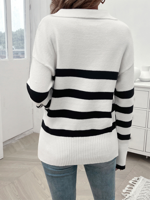 Women's V-Neck Striped Long Sleeve Sweater with Lapel