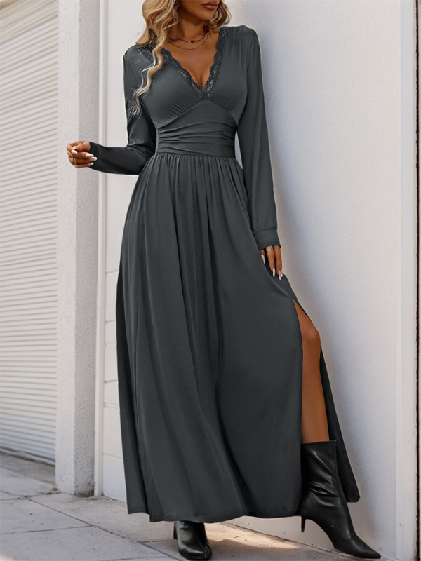 Women’s V-Neck Long Sleeve Maxi Dress with Cinched Waist