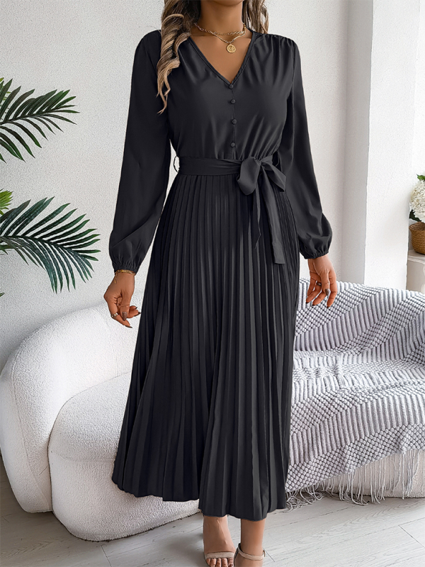 Women’s Elegant Pleated V-Neck Long Sleeve Maxi Dress