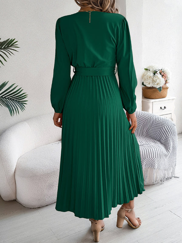 Women’s Elegant Pleated V-Neck Long Sleeve Maxi Dress