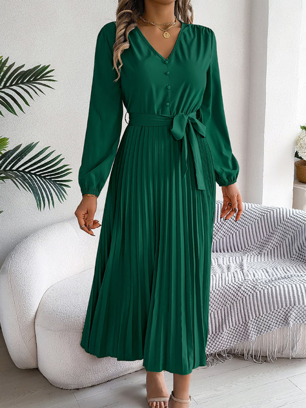 Women’s Elegant Pleated V-Neck Long Sleeve Maxi Dress